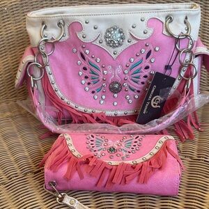 Cowgirl trendy bag and wallet Pink and White Embellished Bag Set